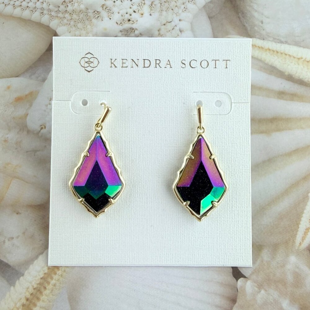 Kendra Scott Alex faceted iridescent blue goldstone gold earrings